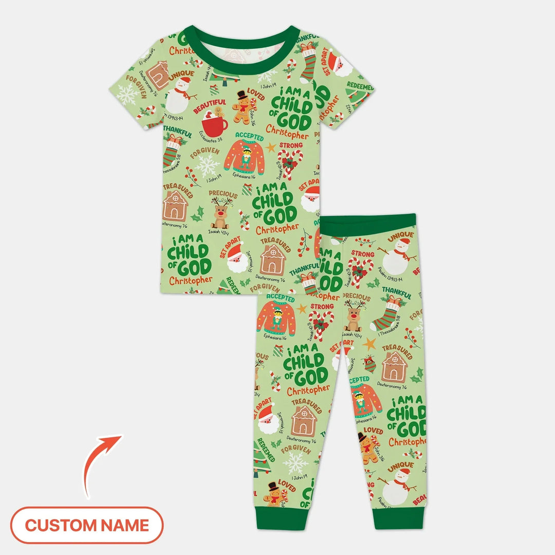 Merry Christmas I Am A Child Of God Custom Name Two Piece Short Sleeve Shorts Pajama Set , Merry Christmas I Am A Child Of God Custom Name Two Piece Short Sleeve Shorts Pajama Set - 12-18M