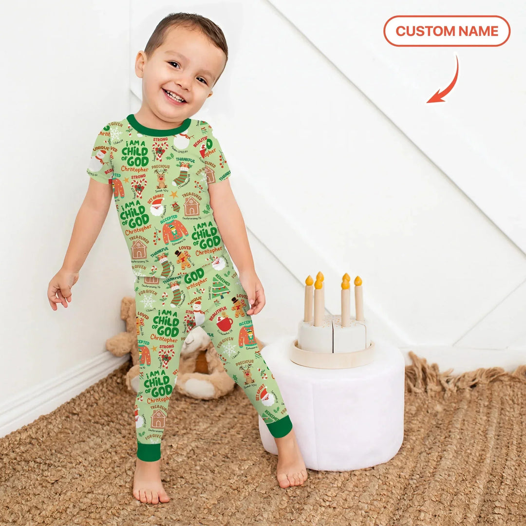 Merry Christmas I Am A Child Of God Custom Name Two Piece Short Sleeve Shorts Pajama Set , Merry Christmas I Am A Child Of God Custom Name Two Piece Short Sleeve Shorts Pajama Set - 12-18M