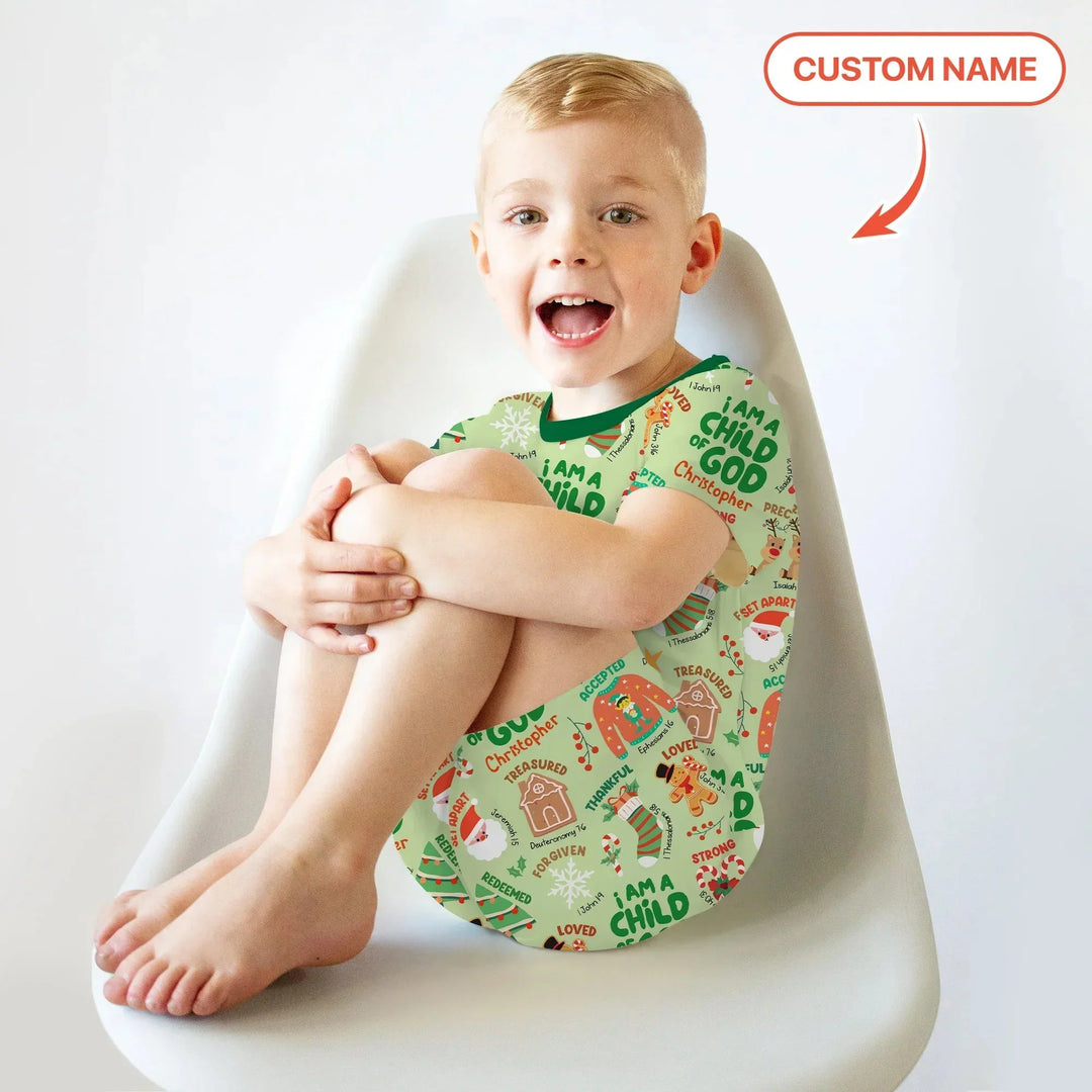 Merry Christmas I Am A Child Of God Two Piece Short Sleeve Shorts Pajama Set , Merry Christmas I Am A Child Of God Two Piece Short Sleeve Shorts Pajama Set - 12-18M