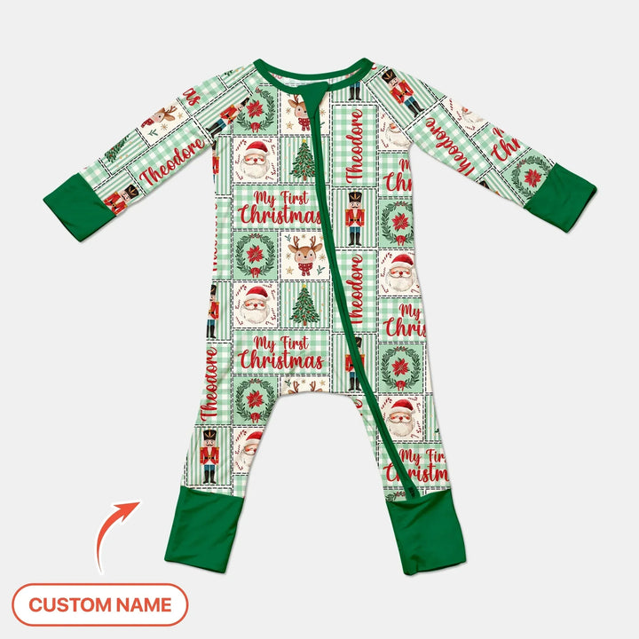 Merry Patchwork Christmas Custom Name Convertible Zippy , Merry Patchwork Christmas Custom Name Convertible Zippy - 0-3M