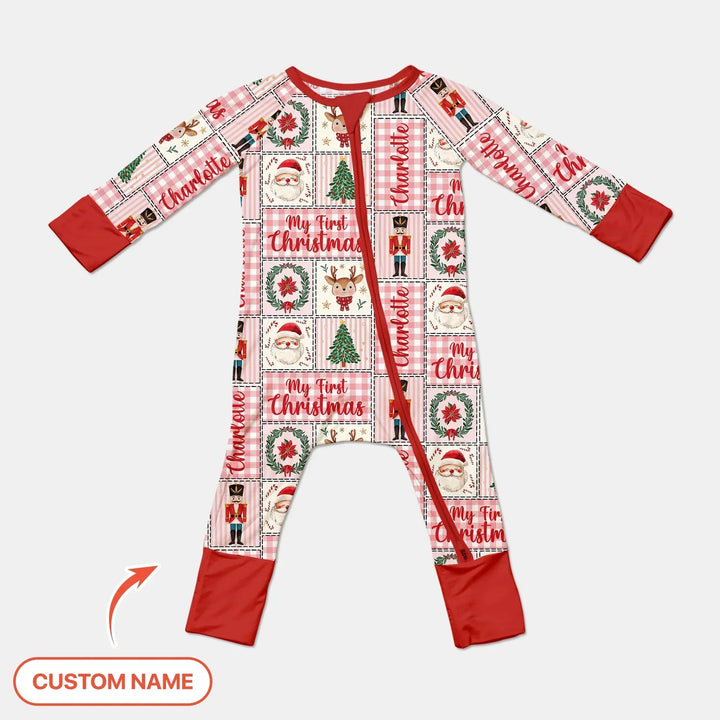 Merry Patchwork Christmas Custom Name Convertible Zippy , Merry Patchwork Christmas Custom Name Convertible Zippy - 0-3M