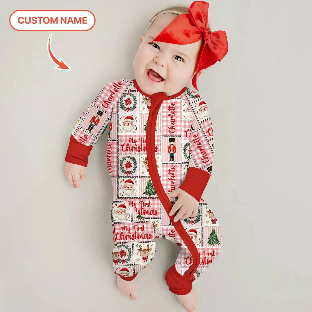 Merry Patchwork Christmas Custom Name Convertible Zippy , Merry Patchwork Christmas Custom Name Convertible Zippy - 0-3M