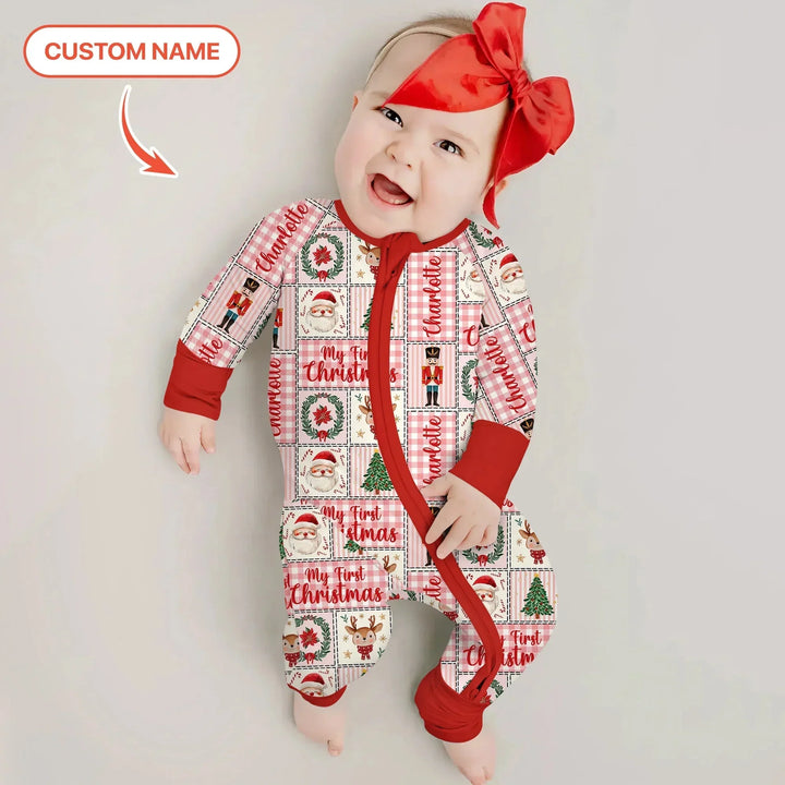 Merry Patchwork Christmas Custom Name Convertible Zippy , Merry Patchwork Christmas Custom Name Convertible Zippy - 0-3M