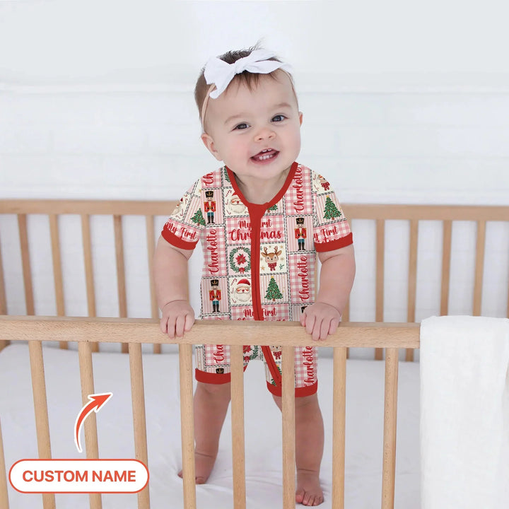 Merry Patchwork Christmas Custom Name Shorty Zippy , Merry Patchwork Christmas Custom Name Shorty Zippy - 0-3M