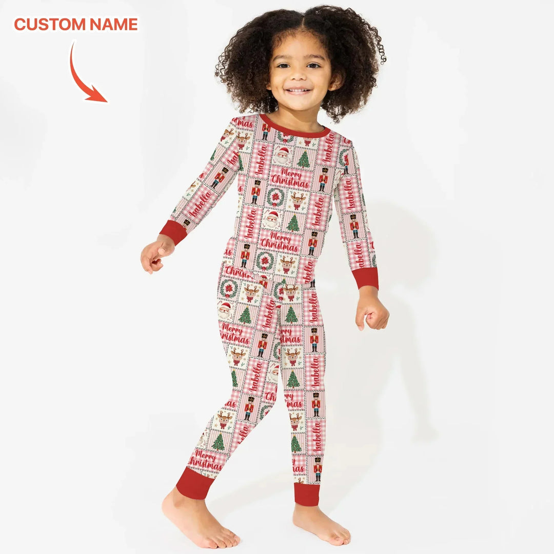 Merry Patchwork Christmas Custom Name Two Piece Long Sleeve Pajama Set , Merry Patchwork Christmas Custom Name Two Piece Long Sleeve Pajama Set - 12-18M
