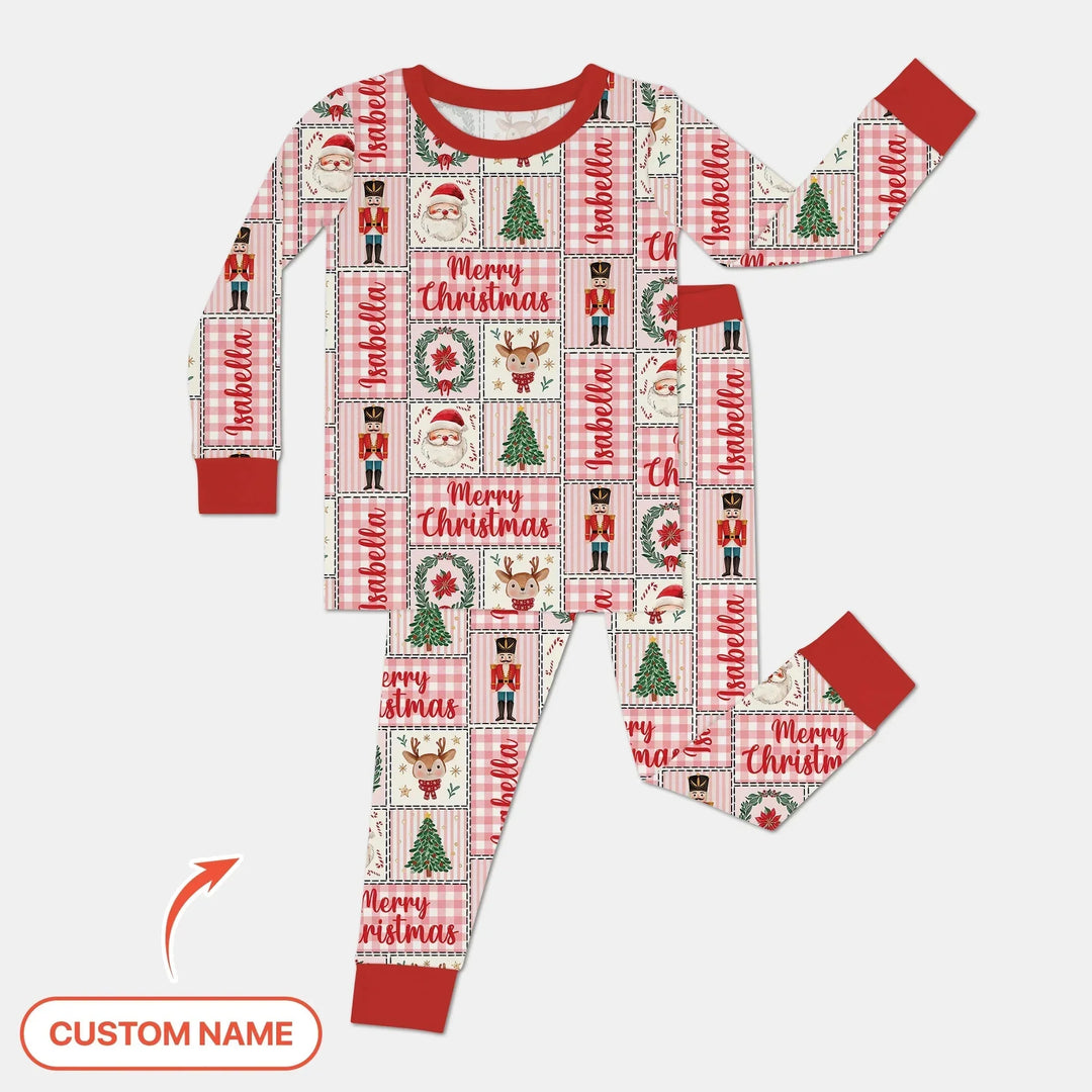 Merry Patchwork Christmas Custom Name Two Piece Long Sleeve Pajama Set , Merry Patchwork Christmas Custom Name Two Piece Long Sleeve Pajama Set - 12-18M