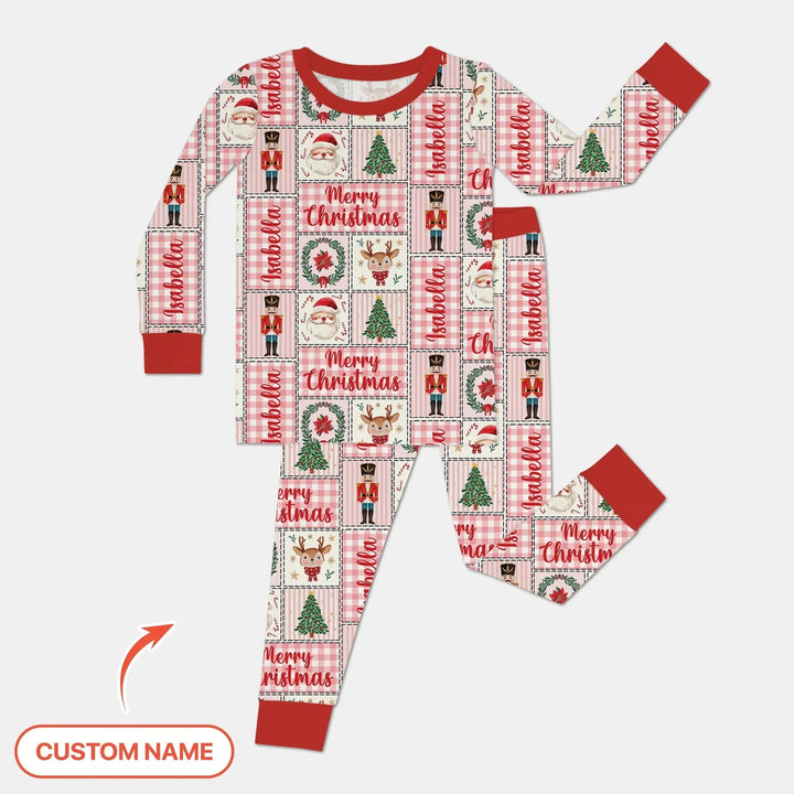 Merry Patchwork Christmas Custom Name Two Piece Long Sleeve Pajama Set , Merry Patchwork Christmas Custom Name Two Piece Long Sleeve Pajama Set - 12-18M