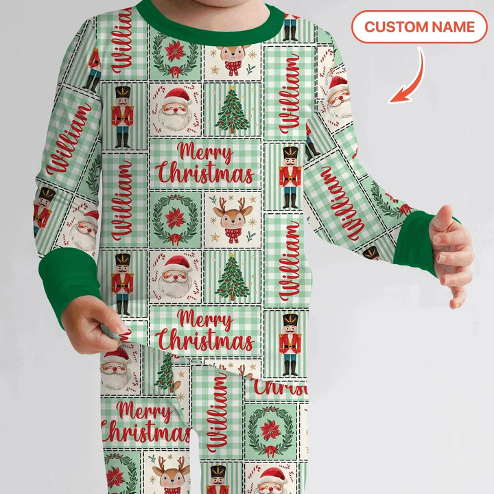 Merry Patchwork Christmas Custom Name Two Piece Long Sleeve Pajama Set , Merry Patchwork Christmas Custom Name Two Piece Long Sleeve Pajama Set - 12-18M