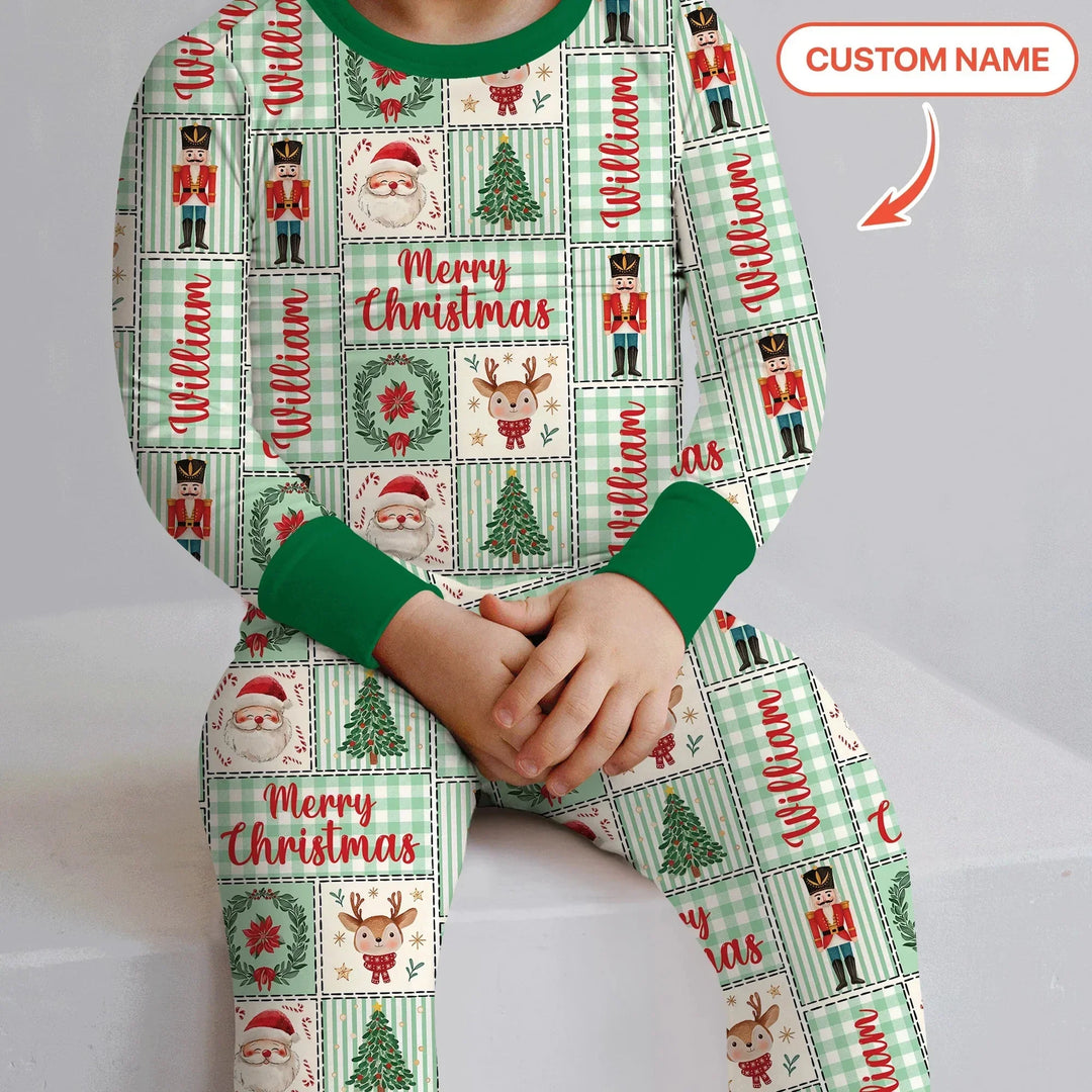 Merry Patchwork Christmas Custom Name Two Piece Long Sleeve Pajama Set , Merry Patchwork Christmas Custom Name Two Piece Long Sleeve Pajama Set - 12-18M