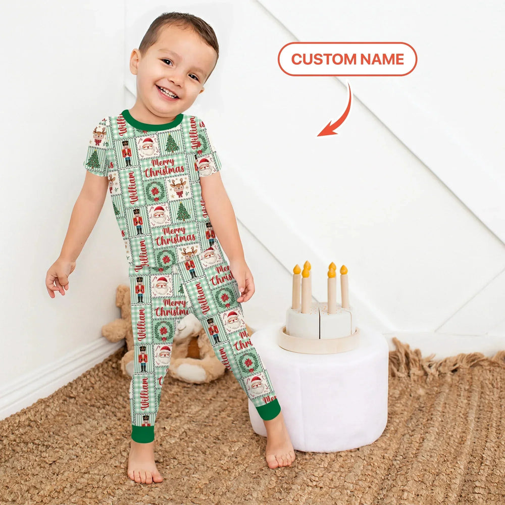 Merry Patchwork Christmas Custom Name Two Piece Short Sleeve Pajama Set , Merry Patchwork Christmas Custom Name Two Piece Short Sleeve Pajama Set - 12-18M