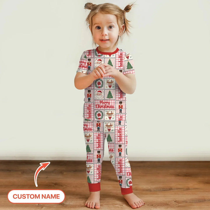 Merry Patchwork Christmas Custom Name Two Piece Short Sleeve Pajama Set , Merry Patchwork Christmas Custom Name Two Piece Short Sleeve Pajama Set - 12-18M