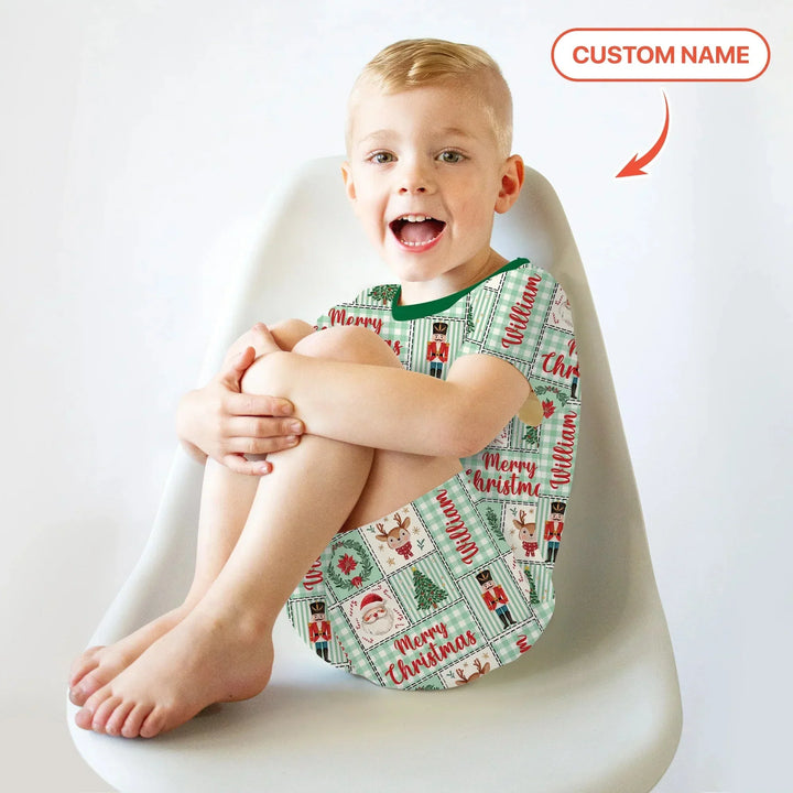 Merry Patchwork Christmas Custom Name Two Piece Short Sleeve Shorts Pajama Set , Merry Patchwork Christmas Custom Name Two Piece Short Sleeve Shorts Pajama Set - 12-18M