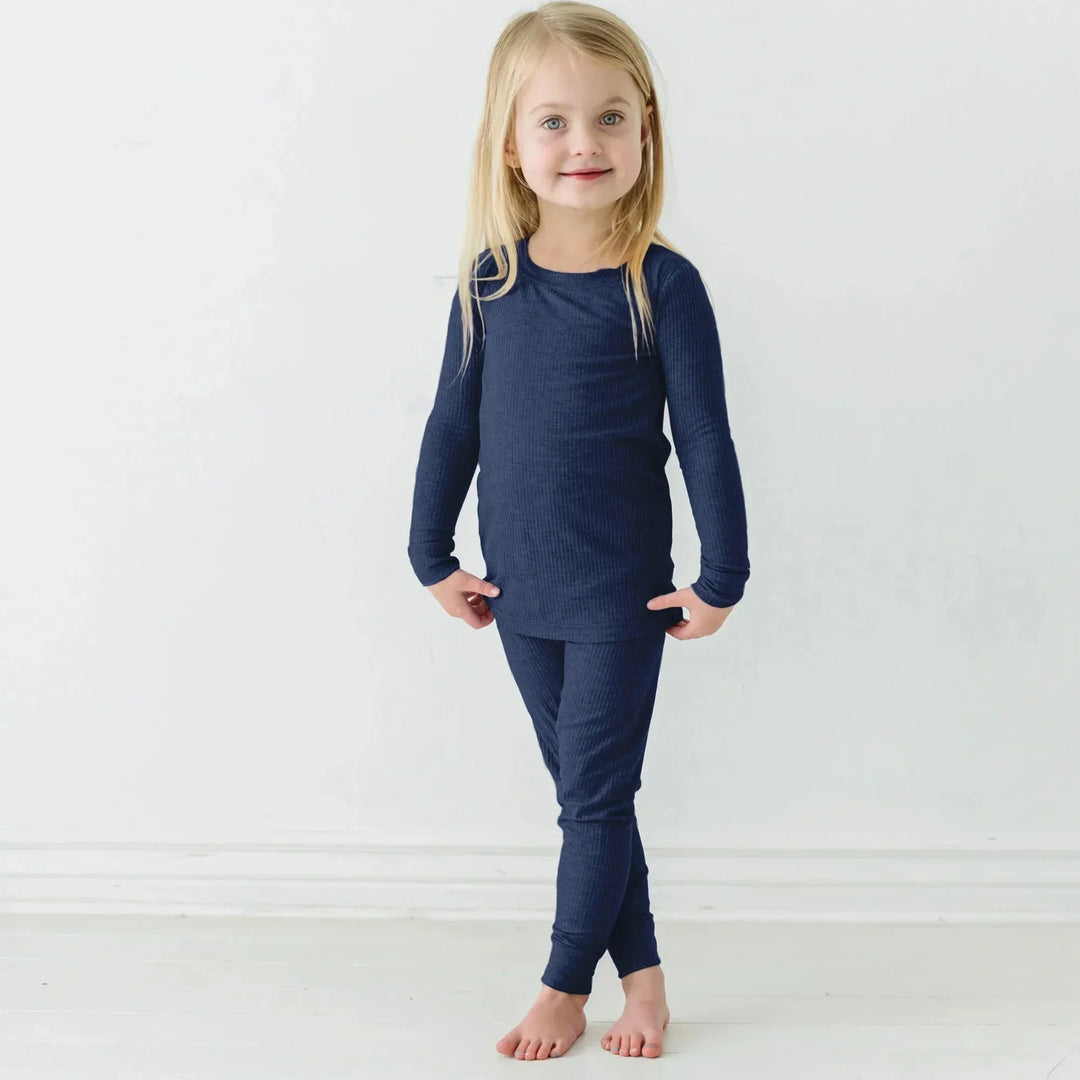 Midnight Blue Ribbed Two Piece Long Sleeve Pajama Set , Midnight Blue Ribbed Two Piece Long Sleeve Pajama Set - 12-18M