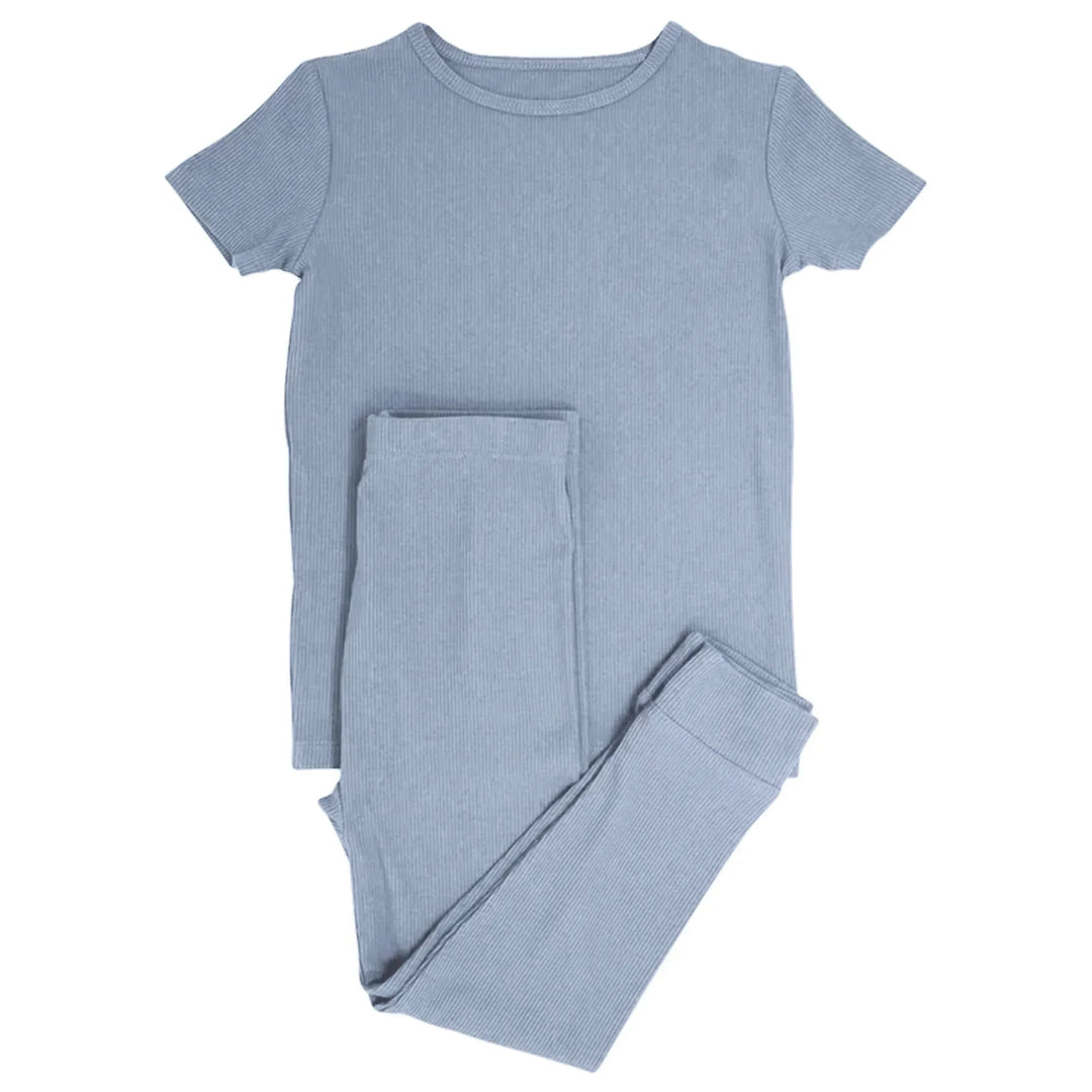 Misty Blue Ribbed Two Piece Short Sleeve Pajama Set , Misty Blue Ribbed Two Piece Short Sleeve Pajama Set - 12-18M