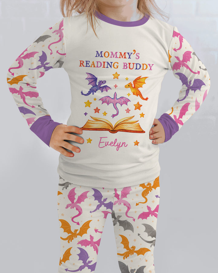 Custom Name Dragon Reading Buddy Bamboo Two Piece Long Sleeve Pajama Set