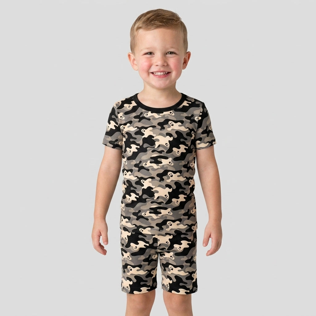 Camo Halloween Ghost Bamboo Two Piece Short Sleeve Shorts Pajama Set