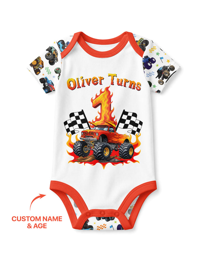Monster Truck Birthday Boy Custom Name Bamboo Bodysuit