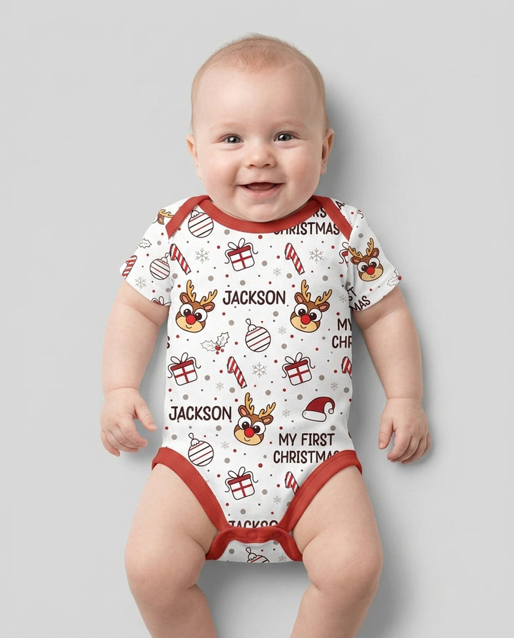 Custom Name Reindeer Doodle My First Christmas Bamboo Bodysuit
