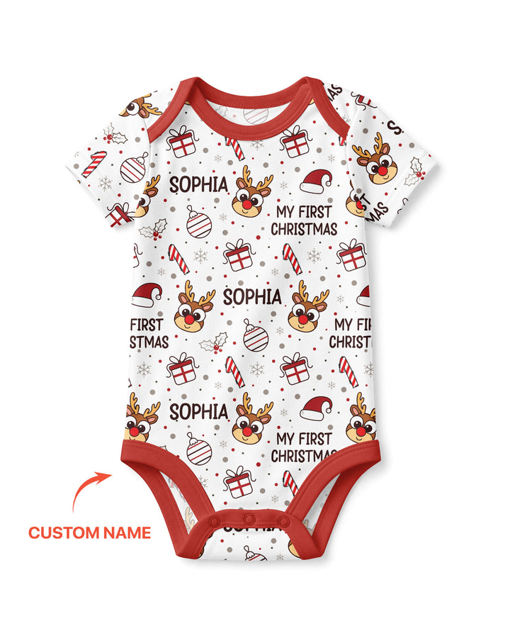 Custom Name Reindeer Doodle My First Christmas Bamboo Bodysuit