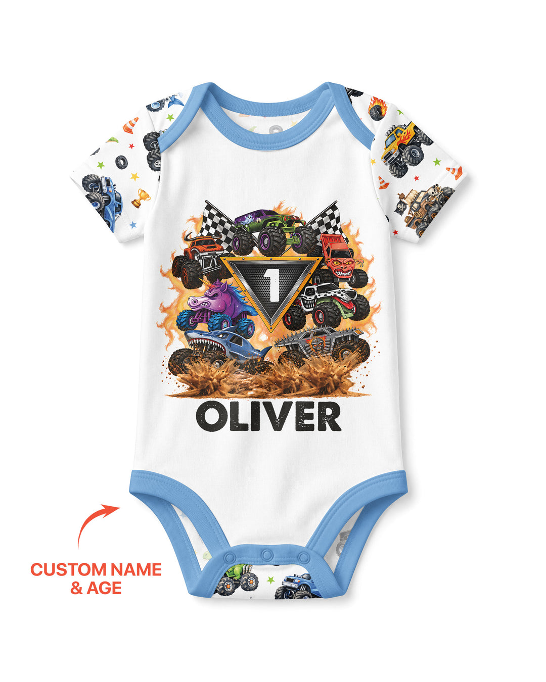 Personalized Monster Trucks Birthday Boy Bamboo Bodysuit
