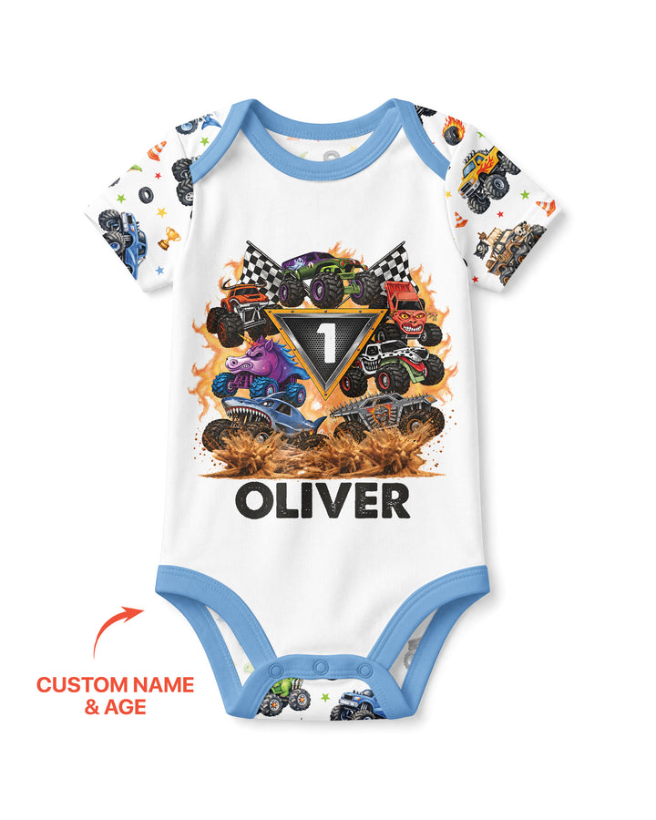 Personalized Monster Trucks Birthday Boy Bamboo Bodysuit