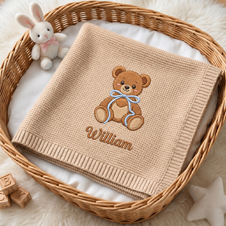 Honey Bear Embroidered Baby Cotton Blanket