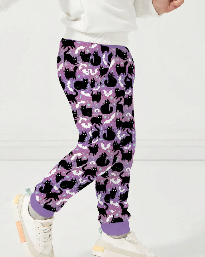 Spooky Black Cat Halloween Purple Bats Bamboo Jogger