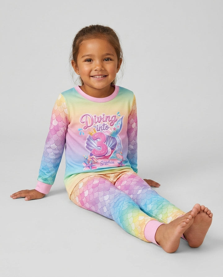 Mermaid Birthday Custom Name & Age Bamboo Two Piece Long Sleeve Pajama Set