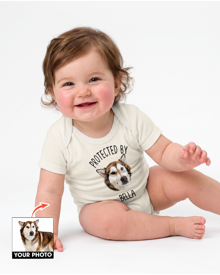 Custom Art Illustration Protected by Pet Portrait Baby Bodysuit: Personalized Dog & Cat Onesie