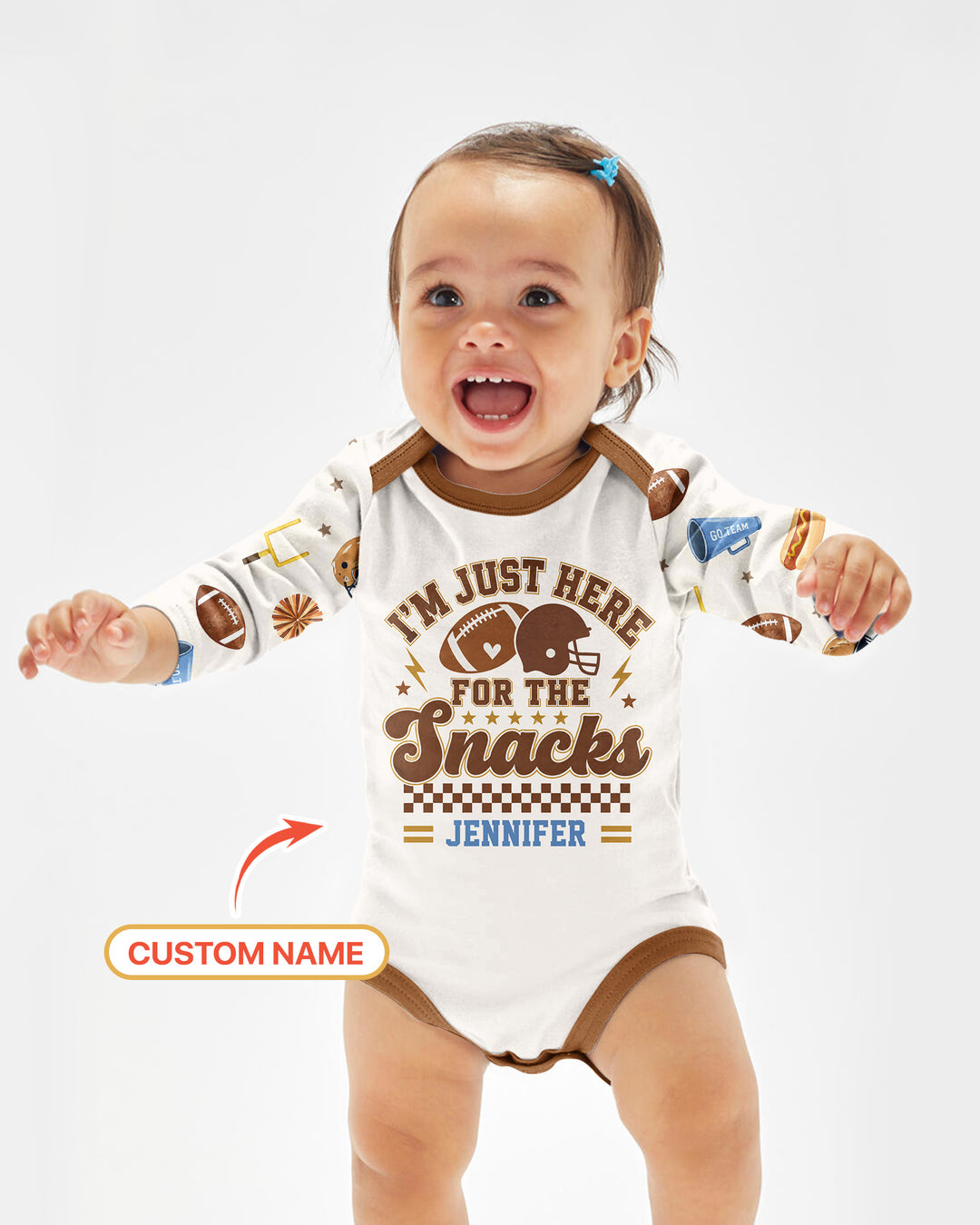 Custom Name Football I'm Just Here For The Snacks Bamboo Bodysuit