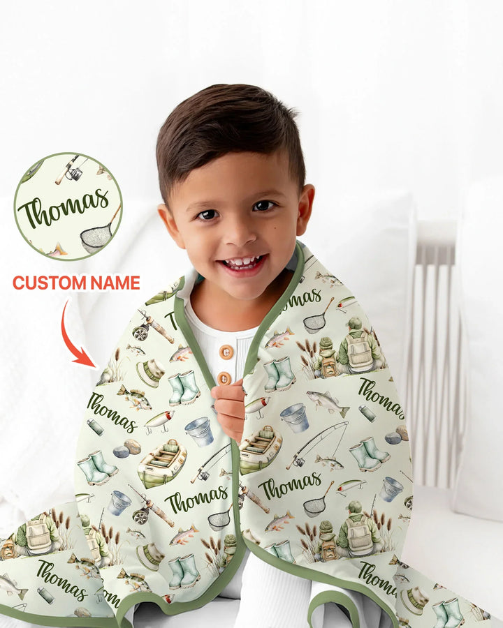 Custom Name Fishing Day Daddy & Me Matching Bamboo Blanket