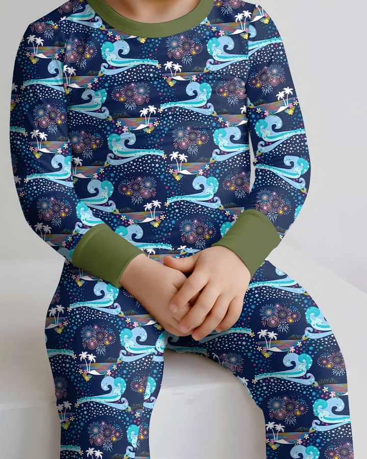 Starlit Surf Celebration Bamboo Two Piece Long Sleeve Pajama Set