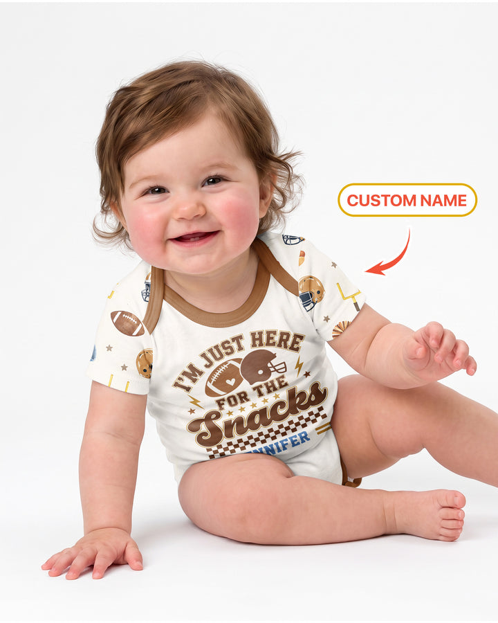 Custom Name Football I'm Just Here For The Snacks Bamboo Bodysuit