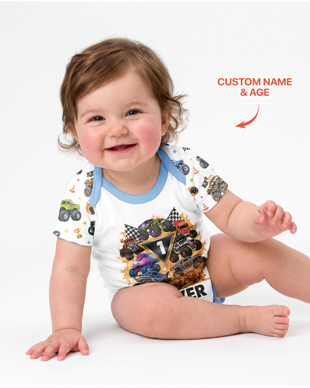 Personalized Monster Trucks Birthday Boy Bamboo Bodysuit