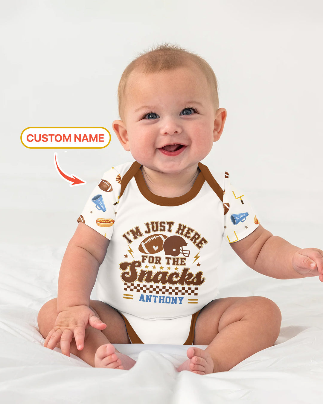Custom Name Football I'm Just Here For The Snacks Bamboo Bodysuit