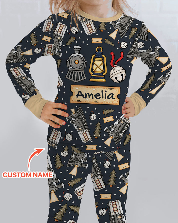Custom Name Believe Kid Train Bamboo Two Piece Long Sleeve Pajama Set