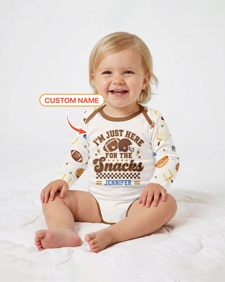 Custom Name Football I'm Just Here For The Snacks Bamboo Bodysuit