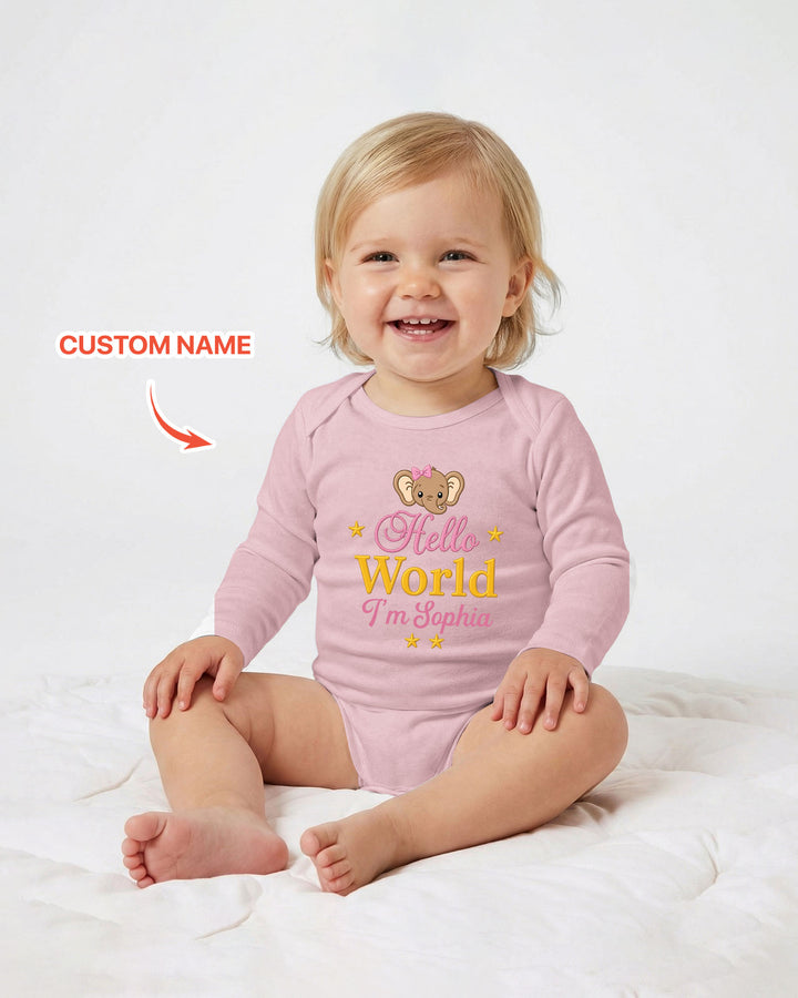 Hello World Elephant, Personalized Custom Baby Onesie, Gift For Babies