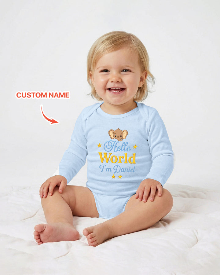 Hello World Elephant, Personalized Custom Baby Onesie, Gift For Babies