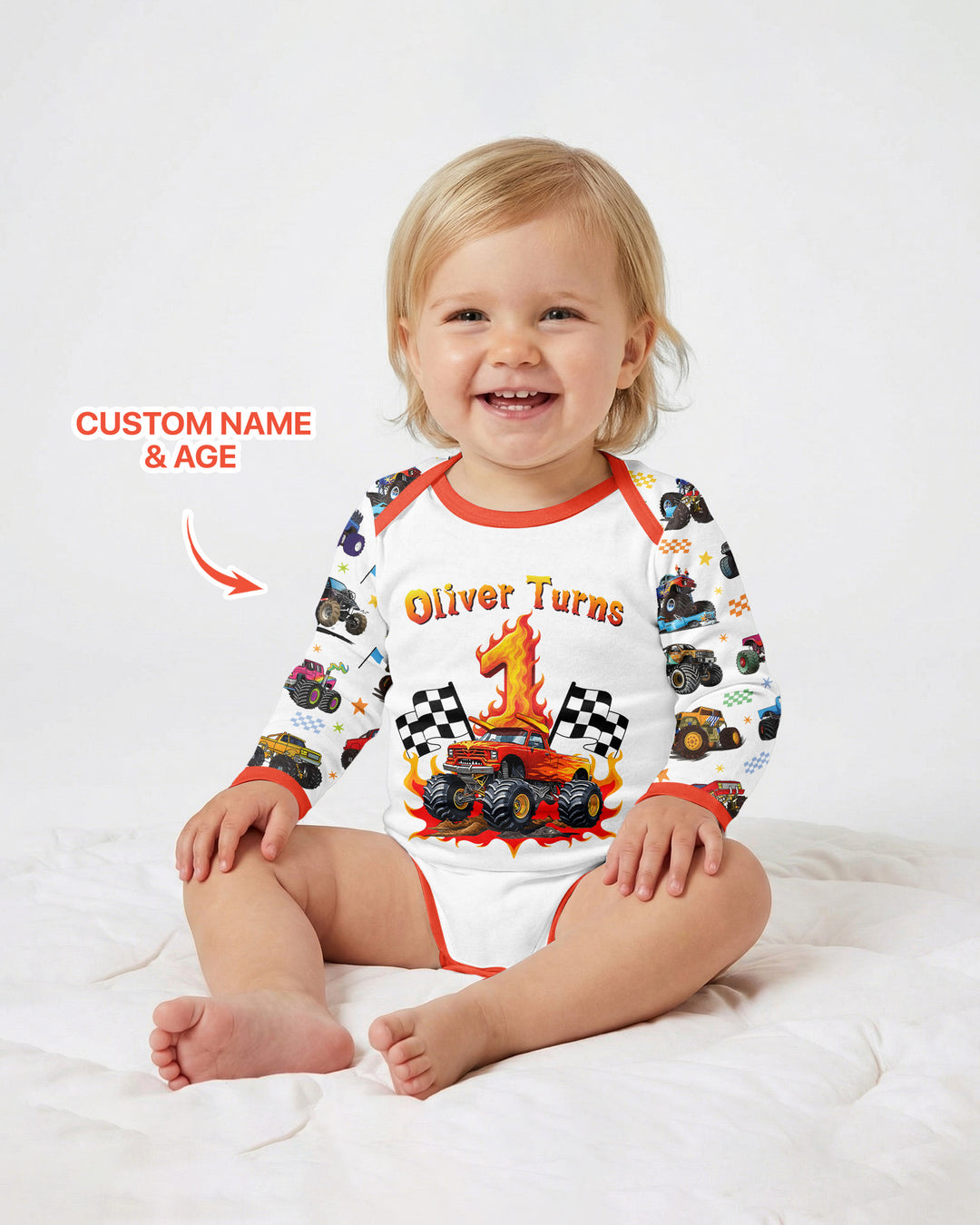 Monster Truck Birthday Boy Custom Name Bamboo Bodysuit