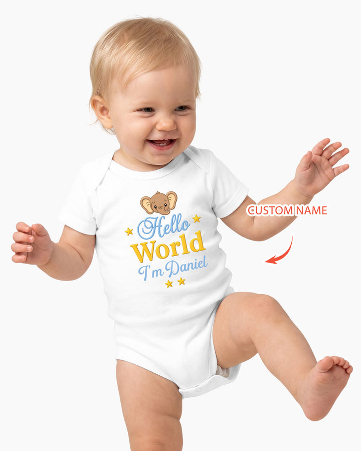 Hello World Elephant, Personalized Custom Baby Onesie, Gift For Babies