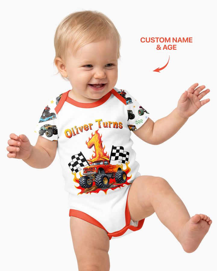 Monster Truck Birthday Boy Custom Name Bamboo Bodysuit