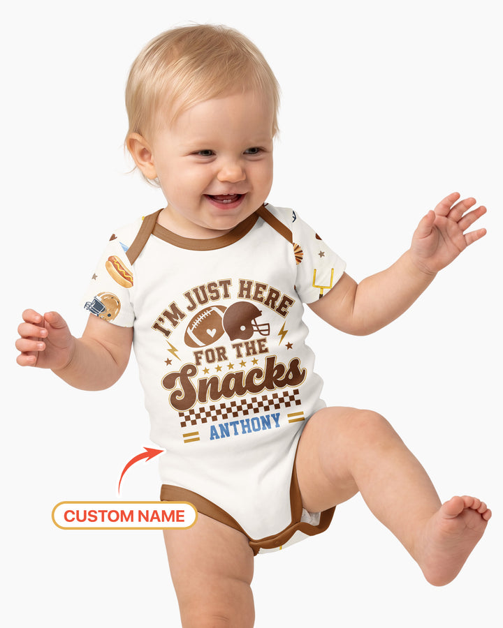 Custom Name Football I'm Just Here For The Snacks Bamboo Bodysuit