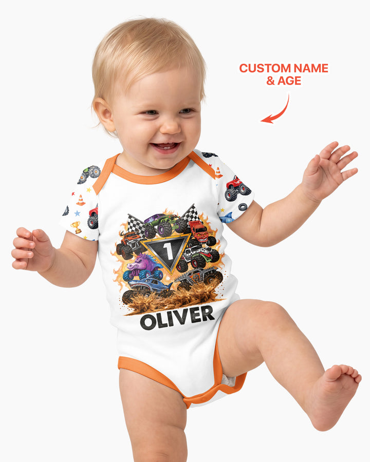 Personalized Monster Trucks Birthday Boy Bamboo Bodysuit