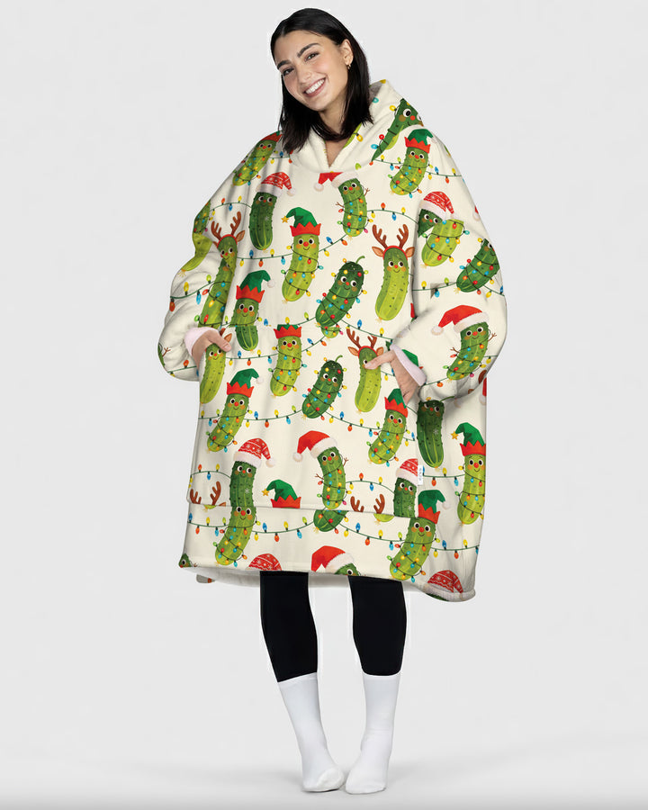 Cheerful Christmas Pickle Bamboo Blanket Hoodie
