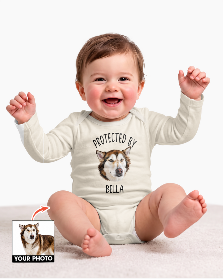 Custom Art Illustration Protected by Pet Portrait Baby Bodysuit: Personalized Dog & Cat Onesie