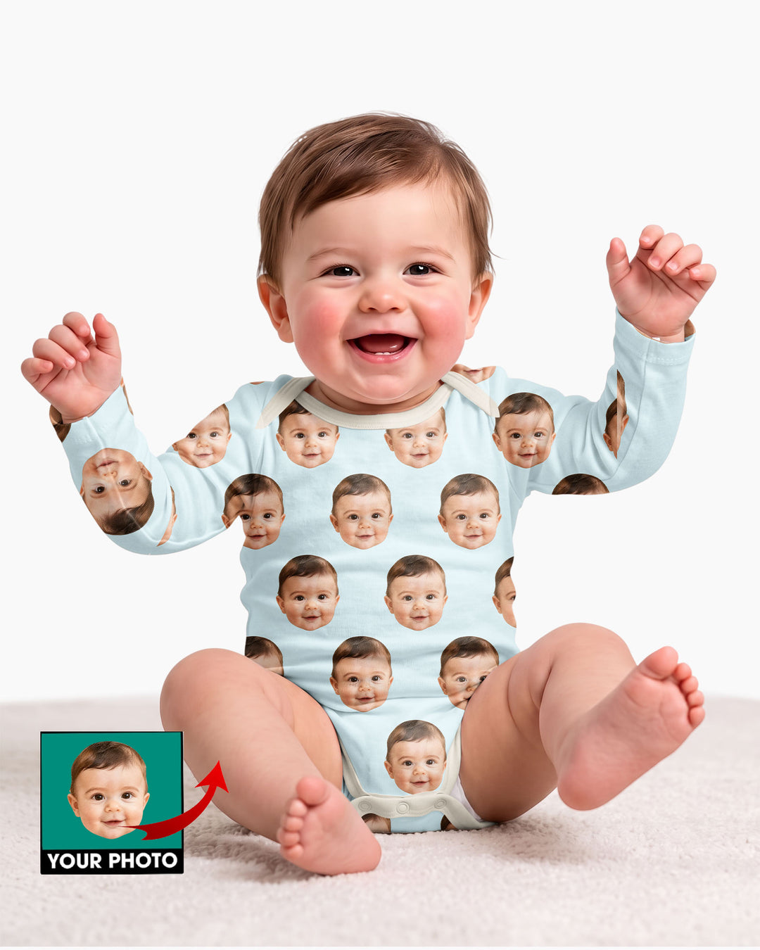 Custom Baby Face Bodysuit, Long/Short Sleeve Baby Romper, All Over Print Newborn Gift