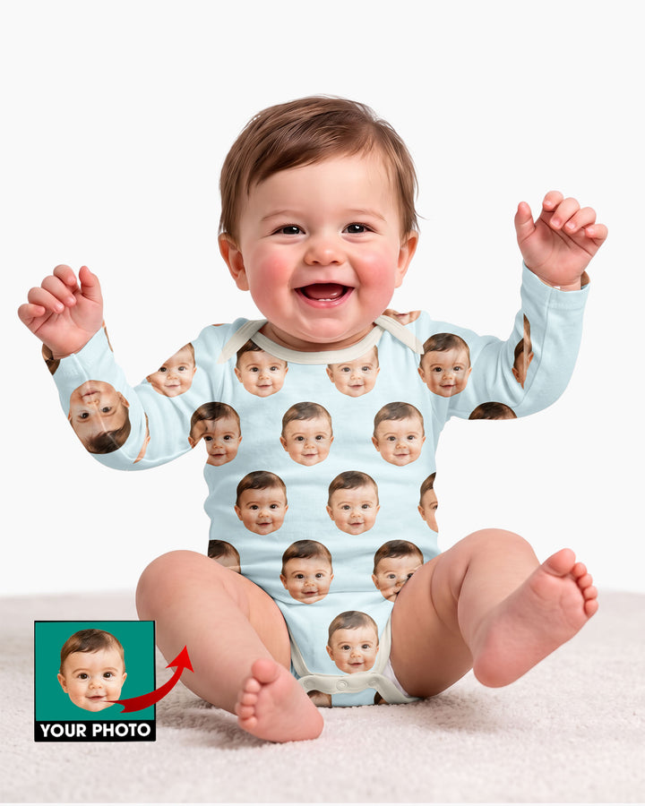 Custom Baby Face Bodysuit, Long/Short Sleeve Baby Romper, All Over Print Newborn Gift