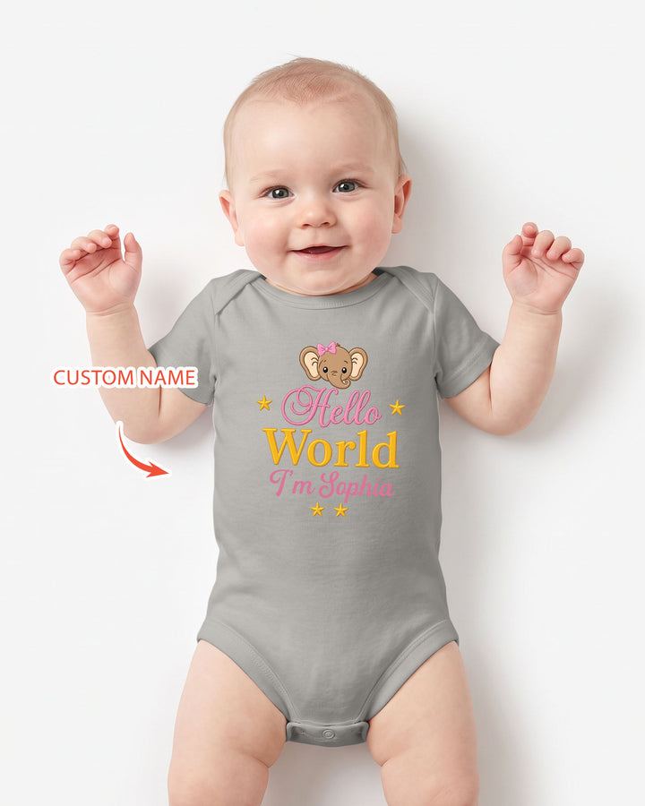 Hello World Elephant, Personalized Custom Baby Onesie, Gift For Babies