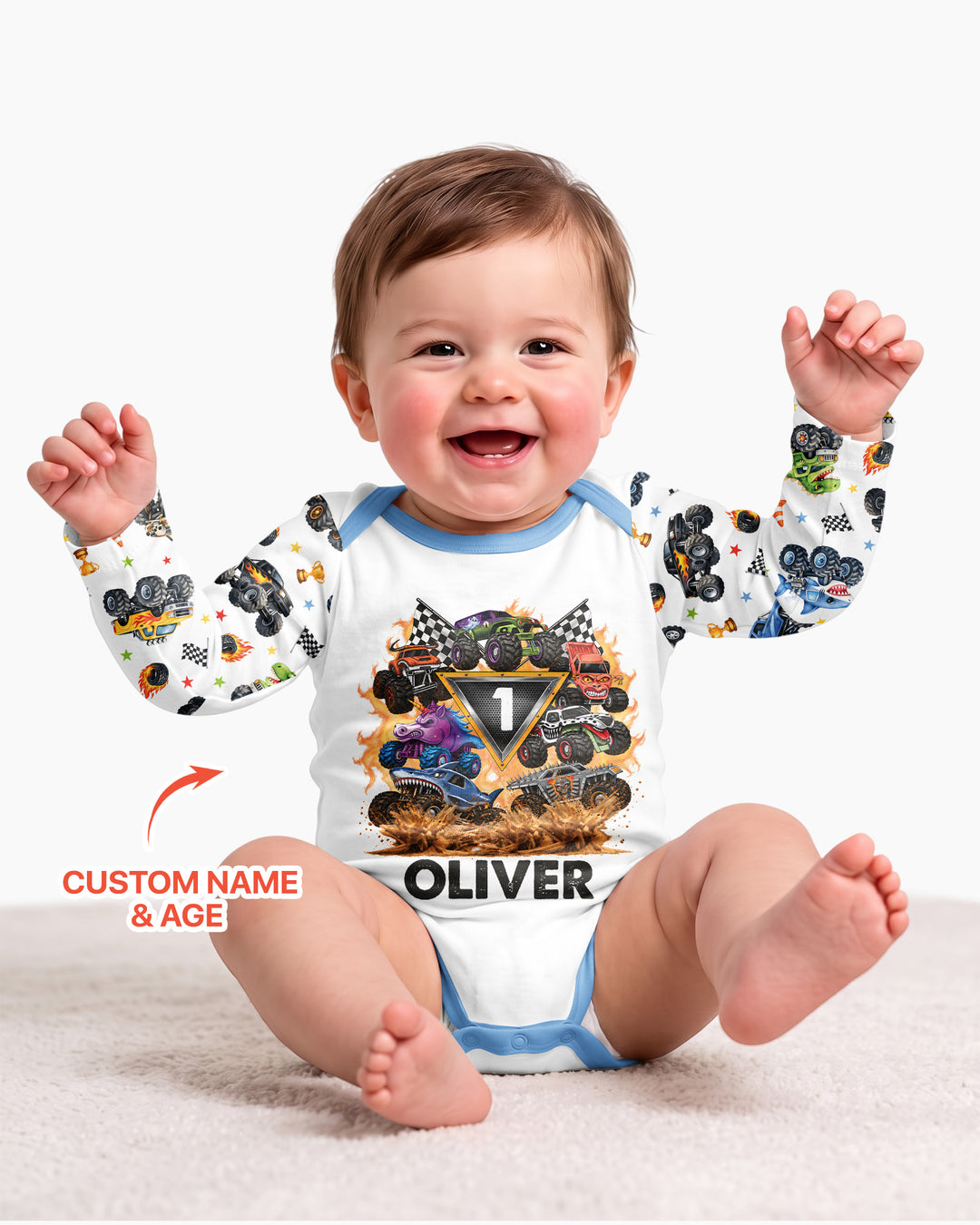 Personalized Monster Trucks Birthday Boy Bamboo Bodysuit
